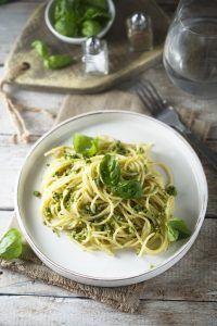 spaghetti and pesto sauce on a plate